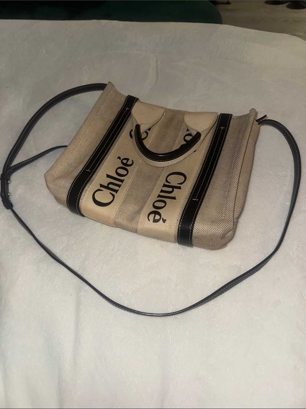 Chloé Beige Canvas Tote with Black Trim and Logo